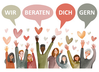 Wir beraten dich gern - deutscher Text in Sprechblasen mit fr&ouml;hlichen Menschen, die ihre Arme und H&auml;nde ausstrecken und Herzen senden. Vektor Illustration, Hilfe f&uuml;r Jugendliche.