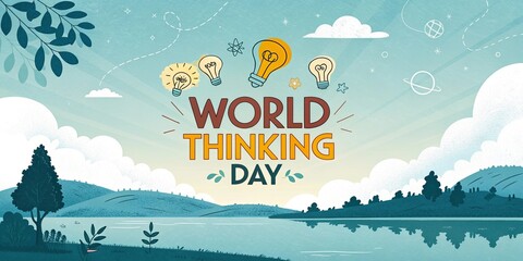 World Thinking Day landscape with light bulbs and creative nature elements concept baner card