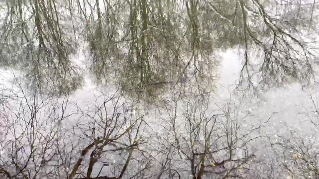 Reflection of snow falling on river water, camera slowly panning up to reveal the rest. High quality 4k footage