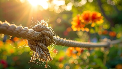 Knotted rope extends horizontally with blurred flowers and glowing sun
