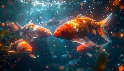 Koi fish swim in a blue pond, dotted with shimmering specks of light, creating an ethereal, glowing underwater scene