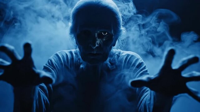 Spooky figure with outstretched hands in fog.