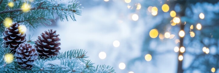 Winter's Whispers: A serene scene featuring a frosted evergreen branch adorned with pinecones, subtly illuminated by the soft glow of festive lights, creating an atmosphere of cozy winter holidays. 