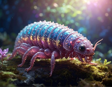 Luminescent bug creature with vibrant pink & blue hues, on mossy ground, bathed in soft, ethereal light