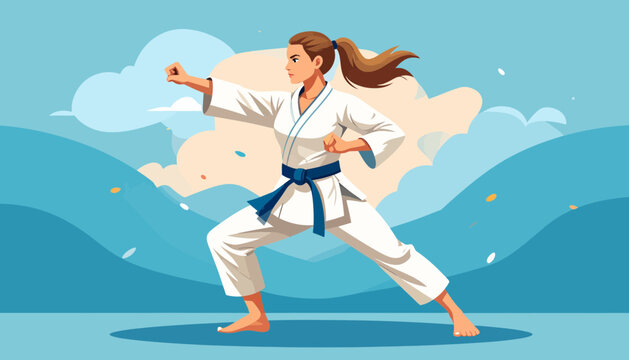 Female karateka in gi with blue belt in a dynamic stance, martial arts illustration