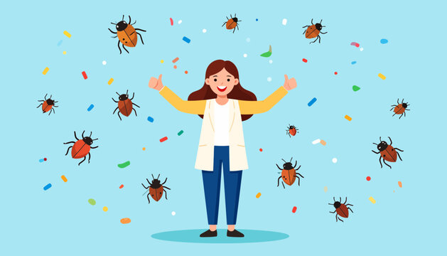 Cheerful Woman with Open Arms Surrounded by Cartoon Ticks and Confetti