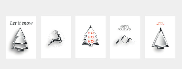 Luxury chrome winter holiday poster with abstract metallic tree, deer and mountains. Minimalist Christmas and New Year greeting design for premium branding, festive marketing, editorial and modern sea © Yana