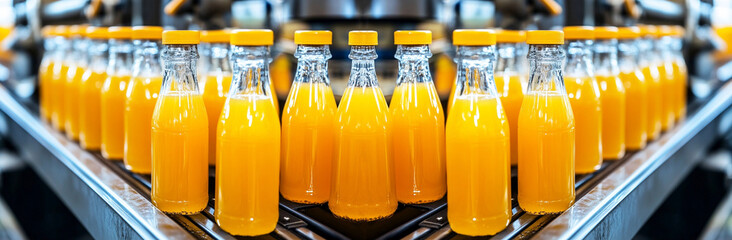 Rows of orange juice bottles on a conveyor belt in a production line. Industrial bottling and food manufacturing