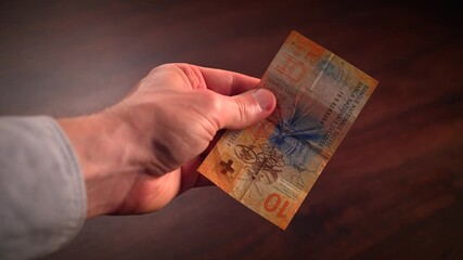 Counting paper money bank notes of swiss francs currency