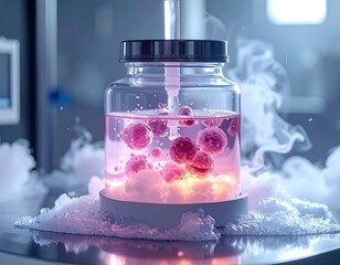 Lab scene Glass jar with red cell-like shapes, on foam base, with pipe pouring into pink liquid