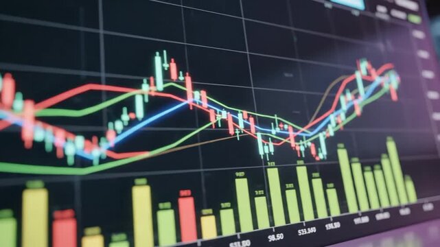 Stock market analysis on digital screen.