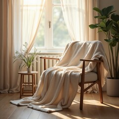 Cozy living room with armchair, blanket and indoor plants in morning light