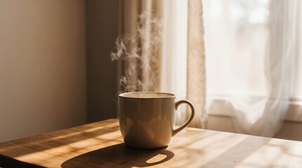 Steaming coffee cup near window with soft curtains in morning light