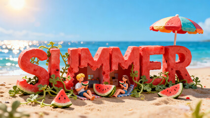The word "summer" made of watermelons is placed on a beach while a couple enjoys the summer