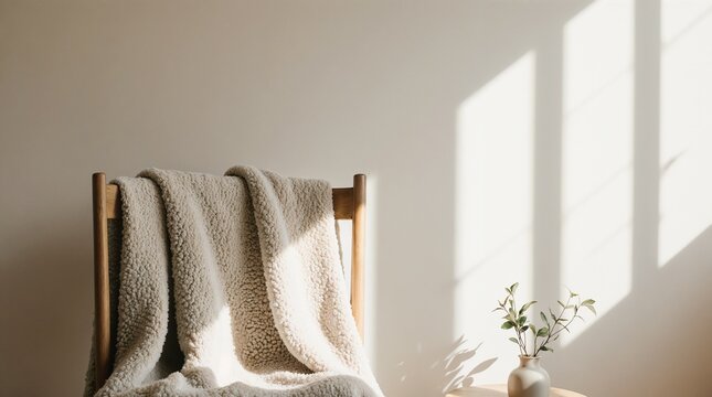 Cozy minimalist interior with blanket on wooden chair in warm sunlight