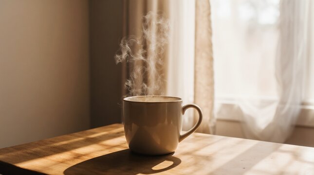 Steaming coffee cup near window with soft curtains in morning light