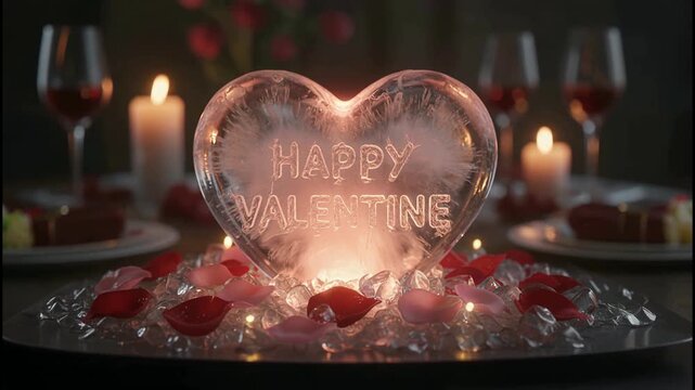 Elegant Valentine's Day Dinner Setup with Heart Shaped Ice Sculpture and Rose Petals