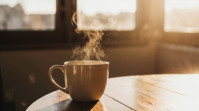 Hot coffee cup with steam on wooden table in warm morning light