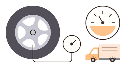 Tire connected to a pressure gauge, truck, and speedometer highlighting vehicle care. Ideal for transport, safety, maintenance, logistics, efficiency service and travel concepts. Clean flat