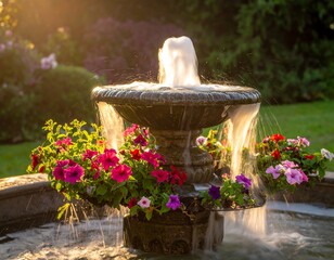 Ornate stone fountain in a garden, bathed in warm sunlight, with overflowing vibrant flowers