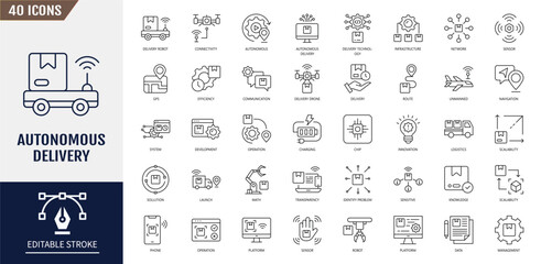 Autonomous delivery icon set. Containing drone, robot, ai, logistic, package, navigation and more. Vector illustration