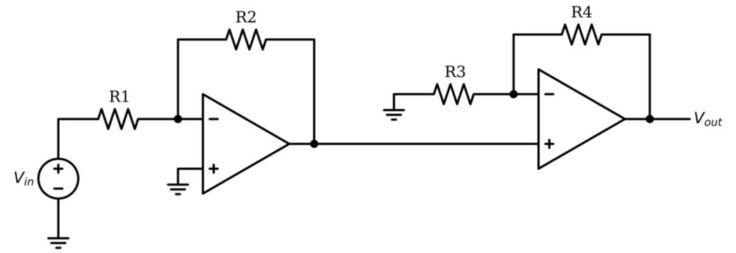 Generic Cascaded Operational Amplifier Circuit Diagram Showing Two Stage Op Amp Amplifier with Feedback Resistors for Analog Electronics, Electrical Engineering and Educational Use