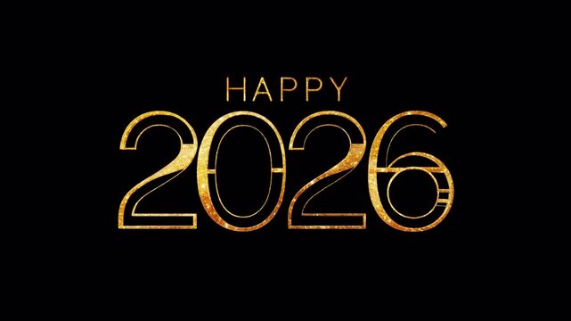 Happy 2026 animated golden text with glitter effect. Festive New Year's Eve celebration greeting card element. This luxury motion graphic video has a transparent background (alpha channel).