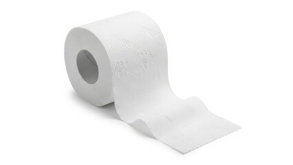 Roll of embossed white toilet paper on white background.