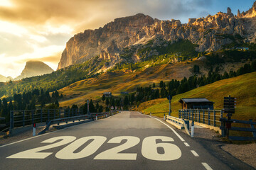 2026 New Year road trip travel and future vision concept . Nature landscape with highway road...