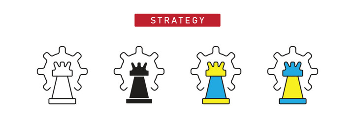 Business Strategy Icon: King Chess Piece with Gear, Planning and Tactics Management Symbol.