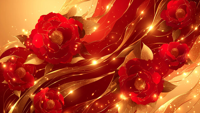 Red Camellia flowers and gold decoration on Japanese modern background