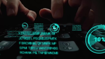 Man working on laptop computer keyboard with graphic user interface GUI hologram showing concepts of big data science technology, digital network connection and computer programming algorithm. Glean - Powered by Adobe
