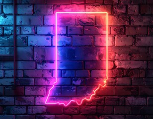 Indiana outline in bright neon lights against aged brick wall