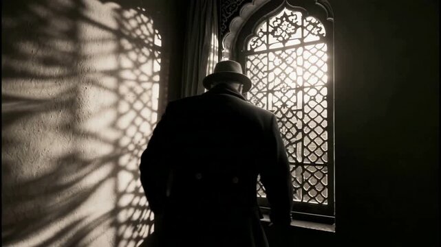 Enigmatic figure silhouetted against ornate window casting dramatic shadows
