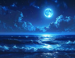 Luminous full moon illuminates rippling ocean waves under a starlit blue sky with fluffy clouds