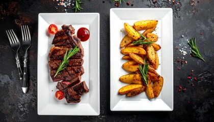 Grilled steak slices and potato wedges served on white rectangular plates, garnished with herbs
