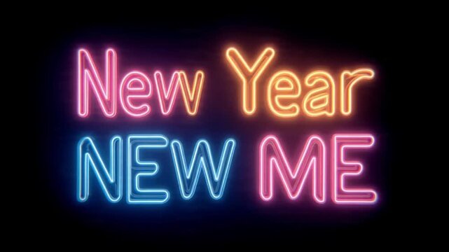 Motion Graphic of Neon Text &ldquo;New Year New Me&rdquo; on a Dark Background, Featuring Glowing Colors, Energetic Typography, and a Bold Motivational Message for Fresh Beginnings and Personal Transformation