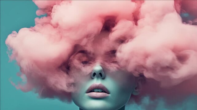 Pink fluffy thought cloud on a woman's head.