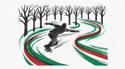 A minimalist graphic art illustration depicts a skateboarder speeding down a winding path with red and green stripes, surrounded by bare trees against a white textured background.