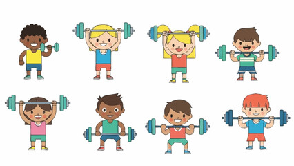 Diverse kids exercising with dumbbells and barbells