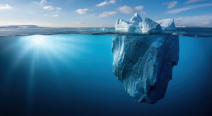 Hidden Depths: An iceberg floats majestically in the vast ocean, its submerged portion hinting at a greater unseen mass below the surface.
