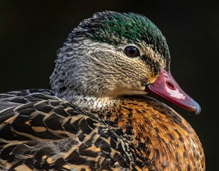 Mottled duck portrait shows detailed feathers and iridescent green head feathers against blurred dark background