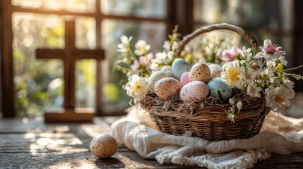 Obraz premium Easter basket with mixed pastel eggs spring holiday decor