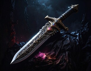 Ornate sword with a dark, fantastical aesthetic, detailed with gold filigree and resting on rocky ground with flowers