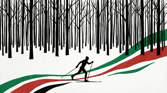 A person cross-country skiing through a stylized winter forest with tall bare black trees and a vibrant red and green path on the white snow.