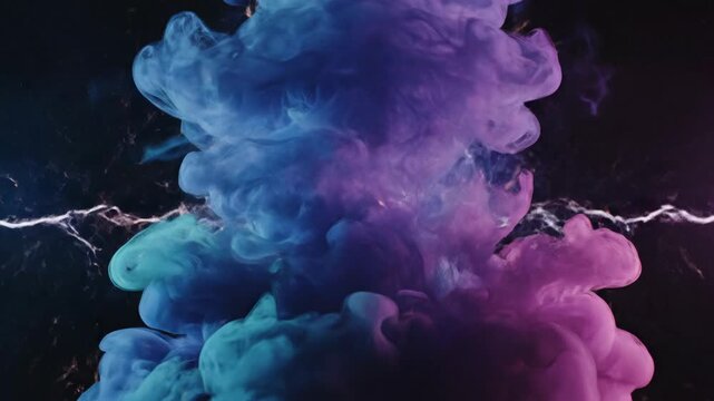 Swirling plumes of colorful smoke on a dark background, evoking a cosmic or abstract scene