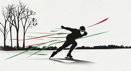 A black silhouette of a speed skater in full motion glides across an icy surface with dynamic red and green lines trailing behind, set against a minimalist white background with bare winter trees.