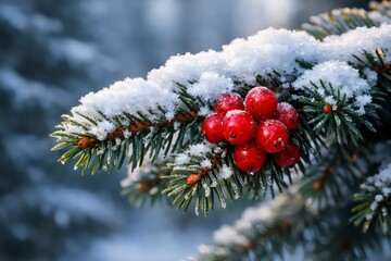 Snowy pine branch with red winter berries