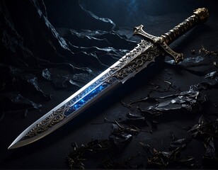 Ornate sword with intricate gold detailing lies atop dark, jagged rock under a dark sky