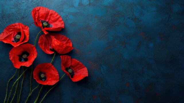 Red poppies and greenery in a painting with blue background.